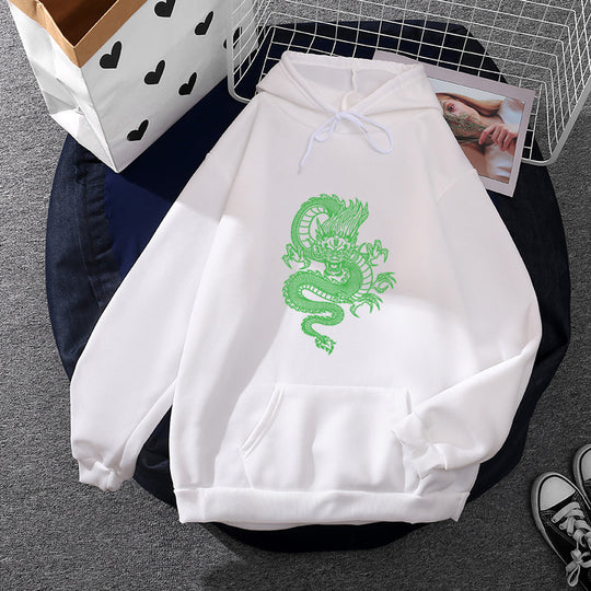 Unisex nan Kapuzenpullover mit detailreichem Drachenmotiv, Oversize‑Schnitt und Kängurutasche EB
