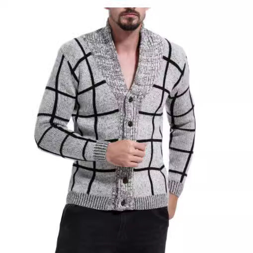 Herren modische Strickjacke mit V-Ausschnitt und modernem Karomuster EB