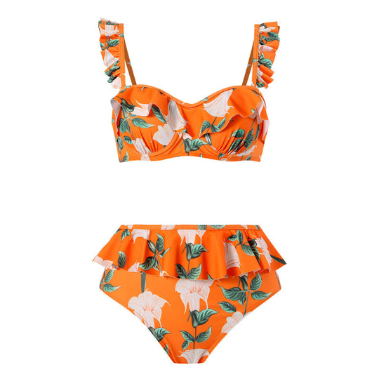 Damen Bikini-Set mit floralem Rüschendesign und elegantem Wickelrock EB