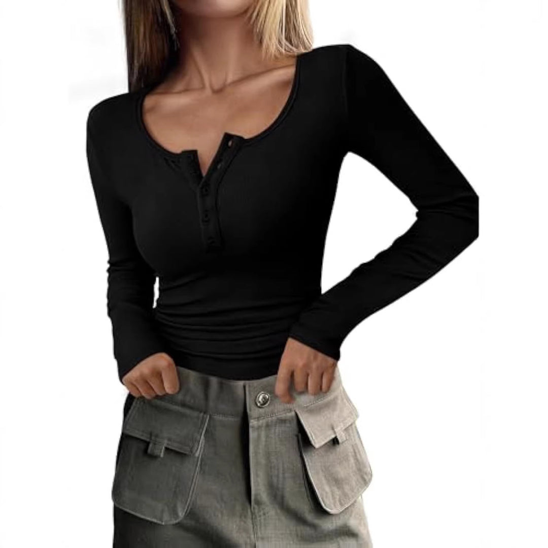 Damen Langärmeliges Rippshirt mit Henley-Knopfleiste und taillierter Passform EB