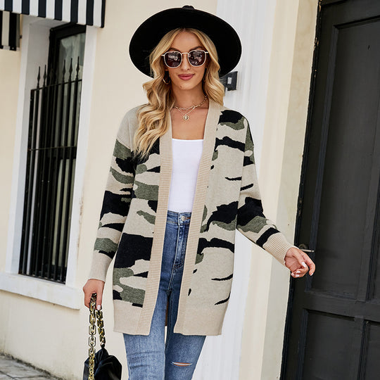 Damen modische Strickjacke im Camouflage-Design mit lässigem Schnitt EB