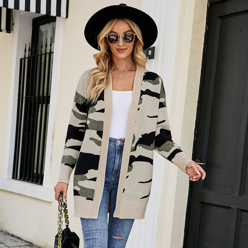 Damen modische Strickjacke im Camouflage-Design mit lässigem Schnitt EB