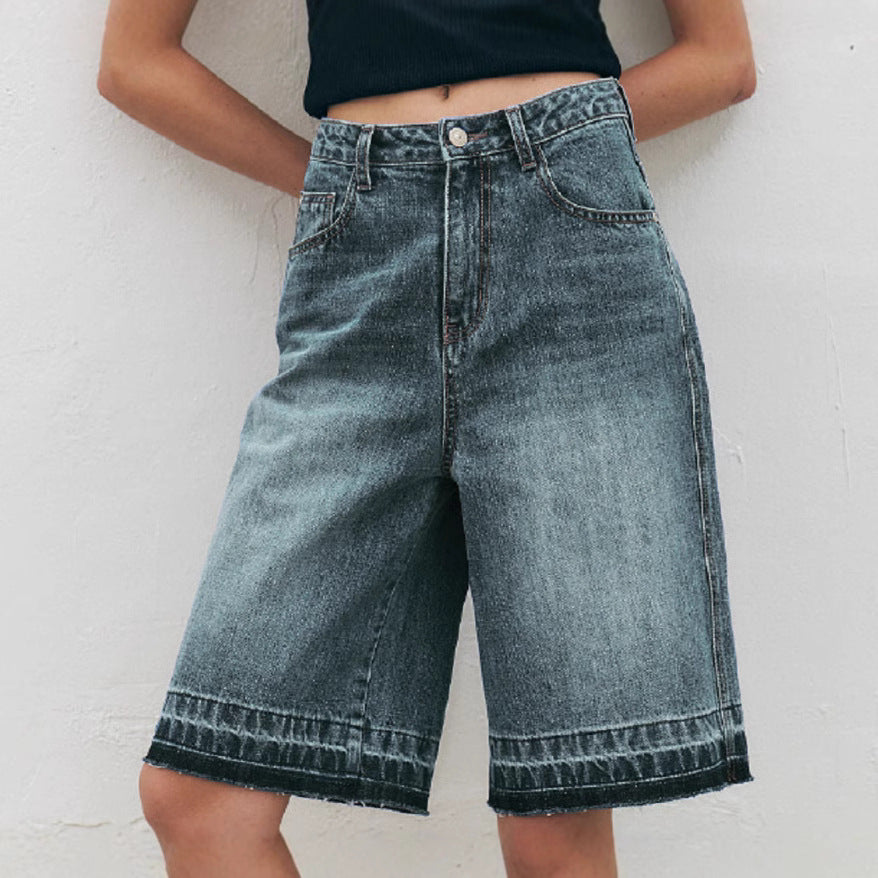 Damen Hoch taillierte Denim-Shorts mit weitem Bein und modischer Struktur EB