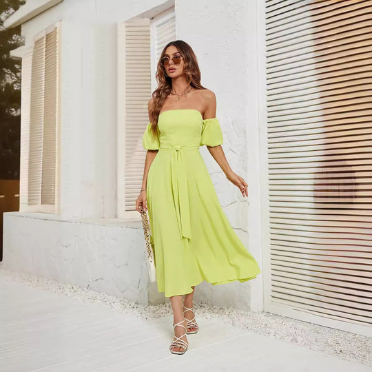 Damen Off-Shoulder Maxikleid mit geknotetem Taillengürtel EB