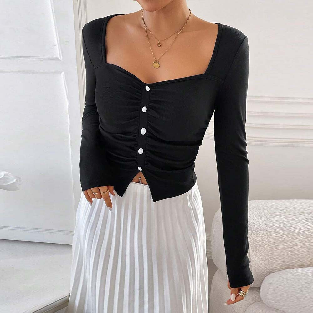 Damen figurbetontes gerafftes Langarm-Cropped-Top mit quadratischem Dekolleté und Zierknopfleiste Eichborn Berlin