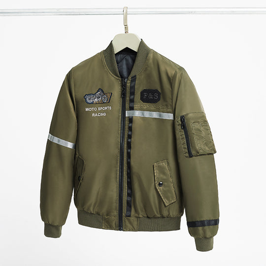 Men's  motorcycle-inspired reflective pilot bomber jacket with embroidered racing badge EB