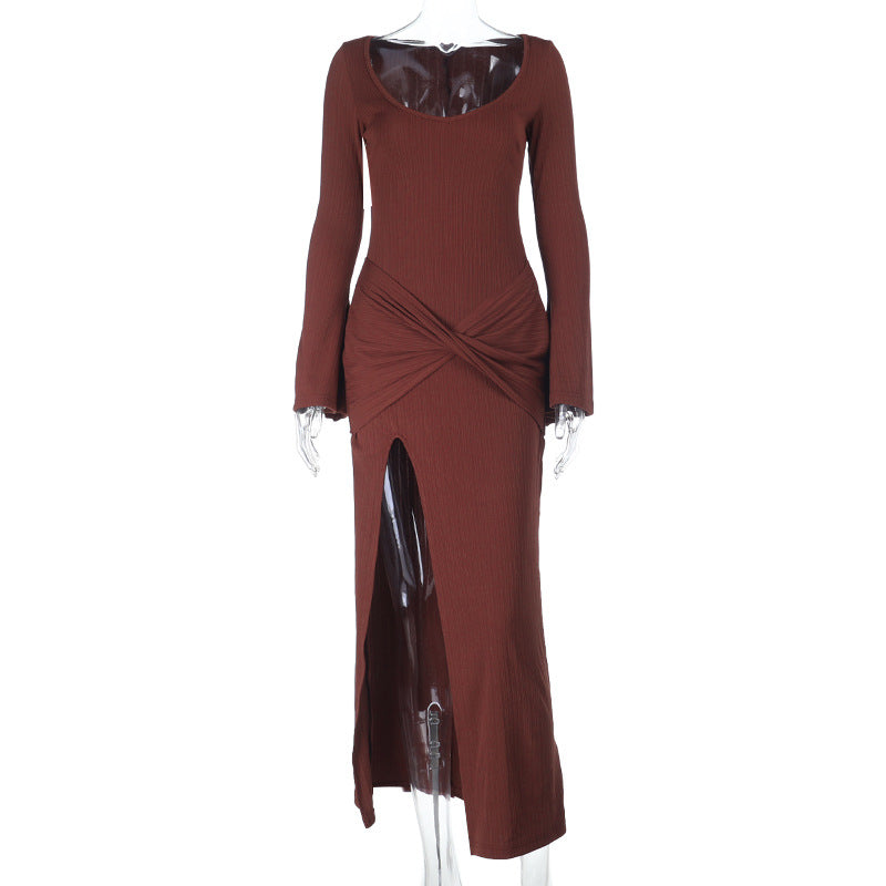 Damen elegantes langärmeliges Maxi-Kleid mit raffiniertem Wickel-Design und hohem Schlitz EB
