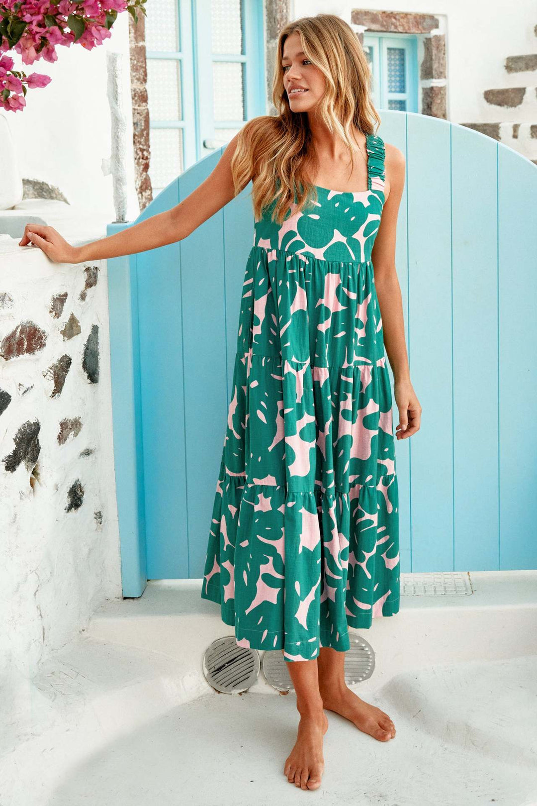 Damen Maxikleid mit elastischen Trägern und fließendem Rock EB