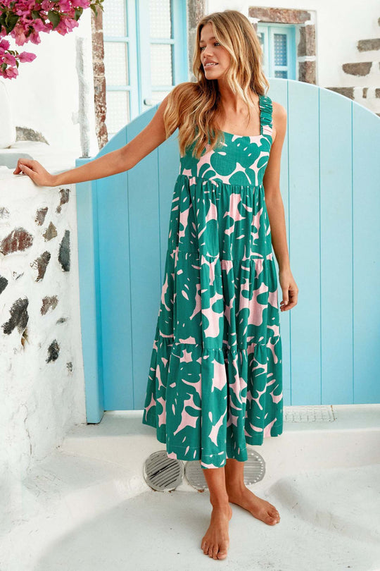 Damen Maxikleid mit elastischen Trägern und fließendem Rock EB