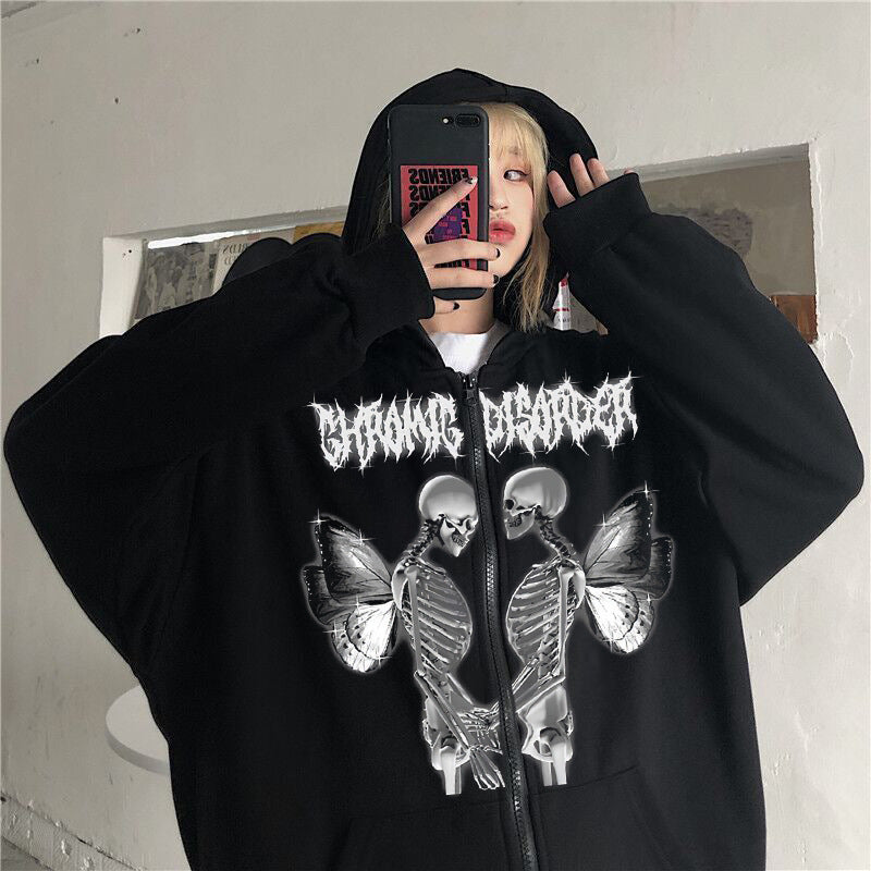 Damen nan Kapuzenjacke mit durchgehendem Reißverschluss und Rippenherz-Print EB