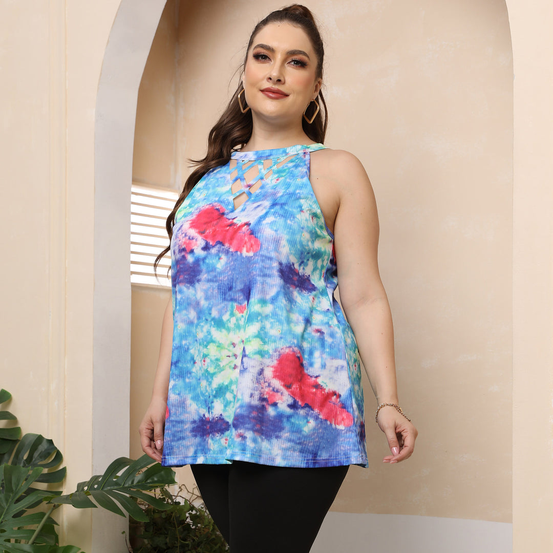 Damen lässiges Top mit modernen Cut-Outs und buntem Batik-Muster EB