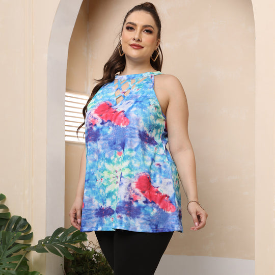 Damen lässiges Top mit modernen Cut-Outs und buntem Batik-Muster EB