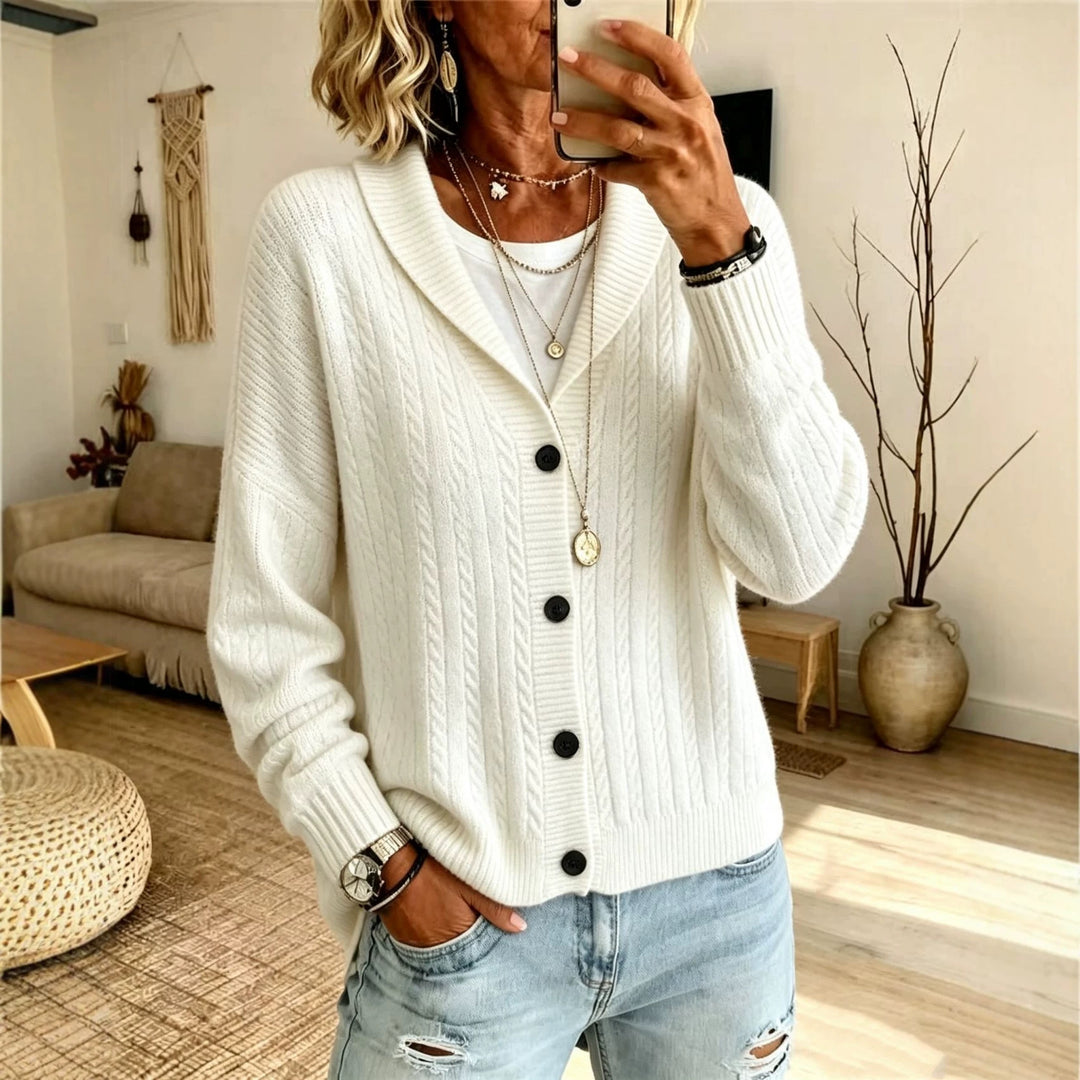 Damen Langer Schalkragen-Cardigan aus Zopfmuster mit gerippten Bündchen EB