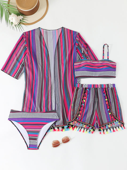 Damen Bikini-Set mit buntem Wickelrock und verspielten Pompoms EB