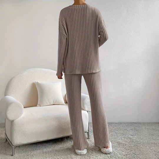 Damen Komfortables Strickset mit V-Ausschnitt und geripptem Design EB