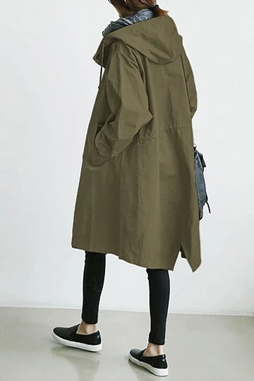 Damen nan leichter oversized Parka-Mantel mit Kapuze, Taillenzug und seitlichem Gehschlitz EB