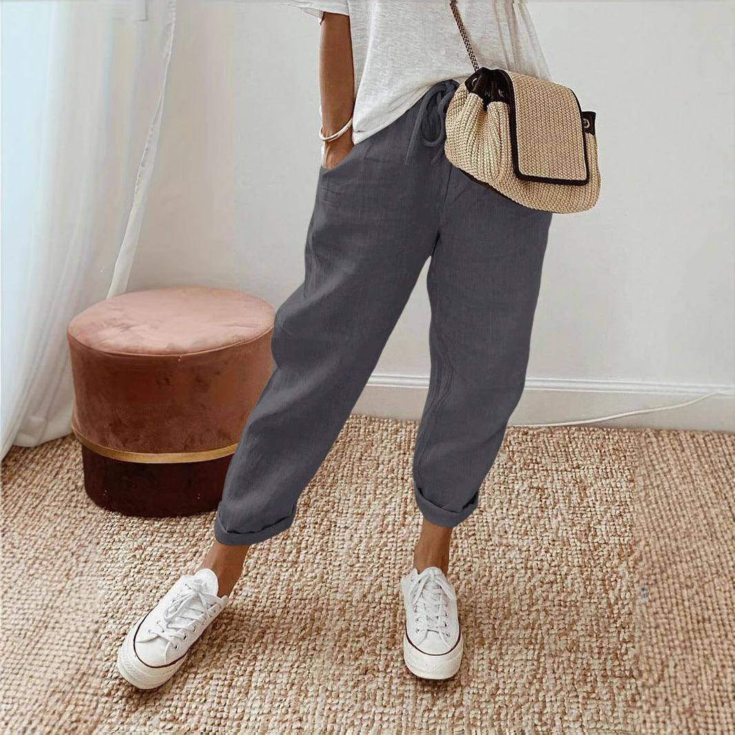 Damen Lässige Leinen-Hose mit elastischem Bund und praktischen Taschen EB