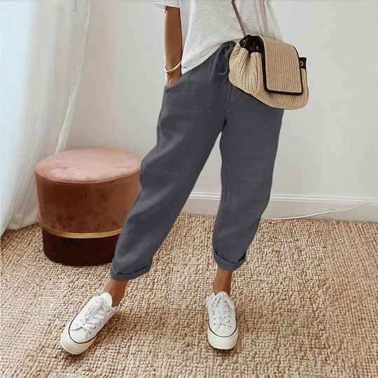 Damen Lässige Leinen-Hose mit elastischem Bund und praktischen Taschen EB
