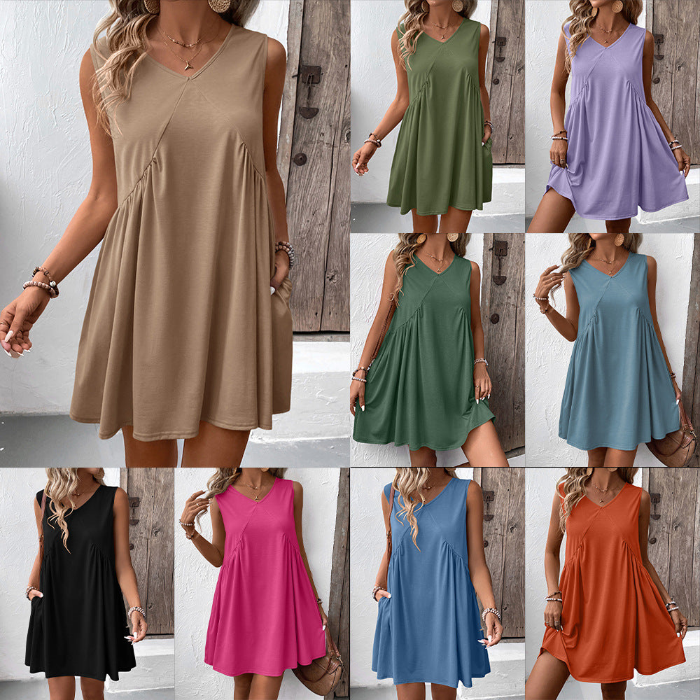 Damen luftiges V-Ausschnitt Kleid mit seitlichen Taschen und fließendem Schnitt EB