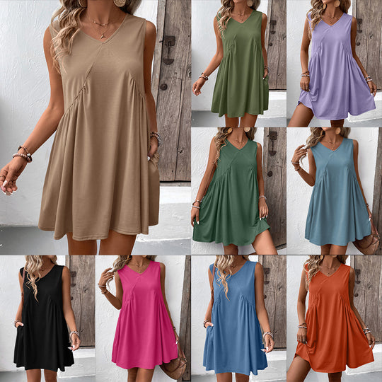 Damen luftiges V-Ausschnitt Kleid mit seitlichen Taschen und fließendem Schnitt EB
