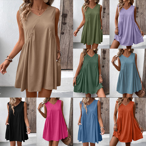 Damen luftiges V-Ausschnitt Kleid mit seitlichen Taschen und fließendem Schnitt EB