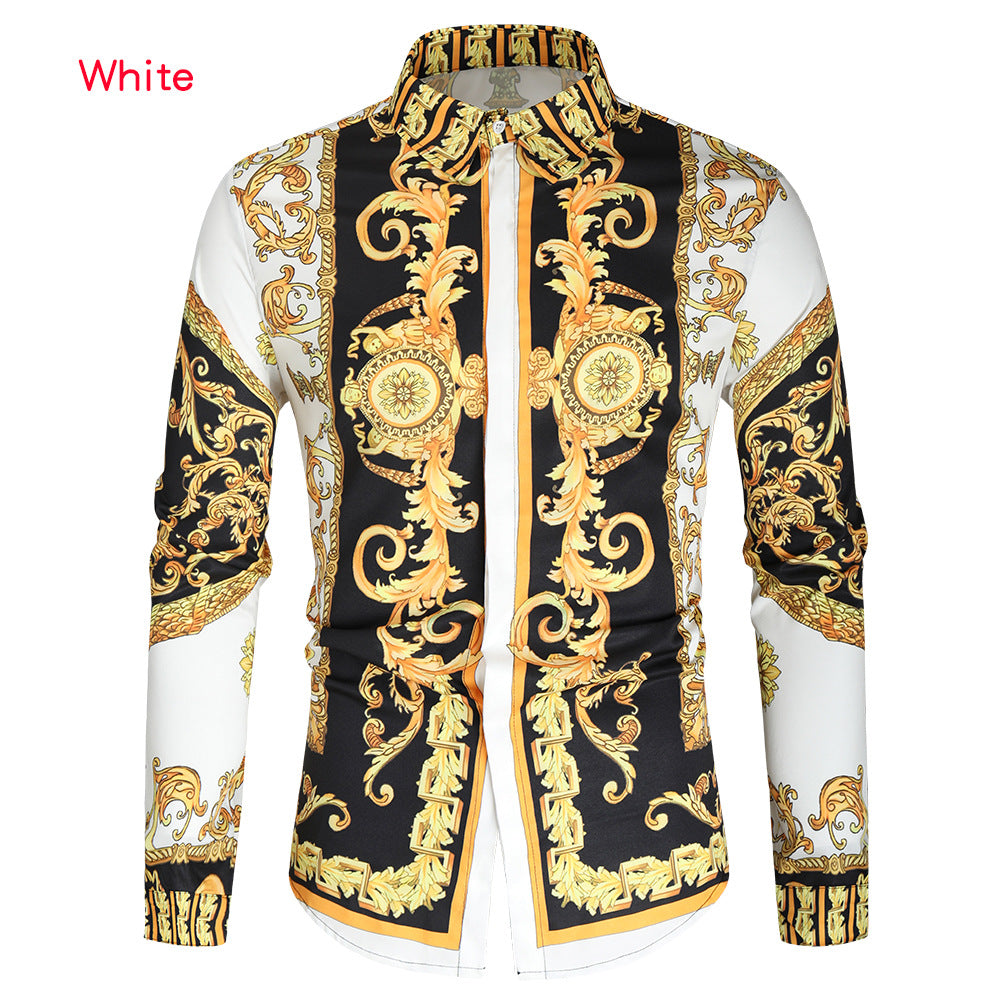 Herren nan barockes Langarm-Hemd mit ornamentalem Druck, Kentkragen und tailliertem Schnitt EB