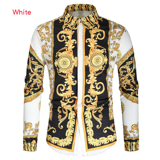 Herren nan barockes Langarm-Hemd mit ornamentalem Druck, Kentkragen und tailliertem Schnitt EB