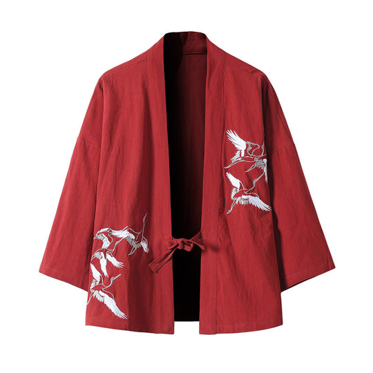 Unisex nan japanisch inspirierte Kimonojacke mit Kranichstickerei und Bindeschließe EB