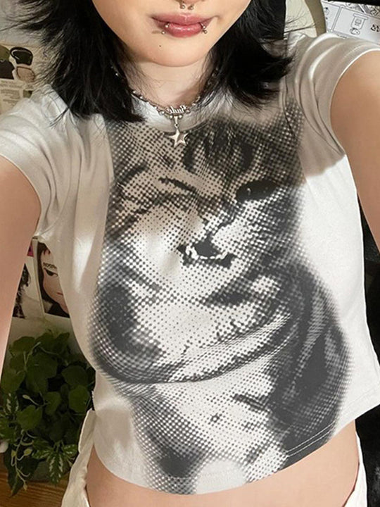 Damen Crop-T-Shirt mit kreativem Katzenmotiv EB