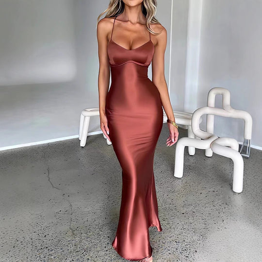 Damen Glamouröses Langarm-Maxi-Kleid mit verstellbaren Trägern und figurbetontem Schnitt EB