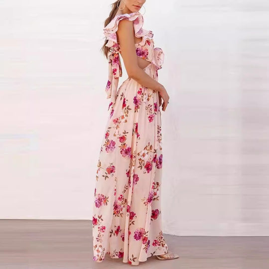 Damen Elegantes Maxikleid mit Rüschendetails und floralem Design EB