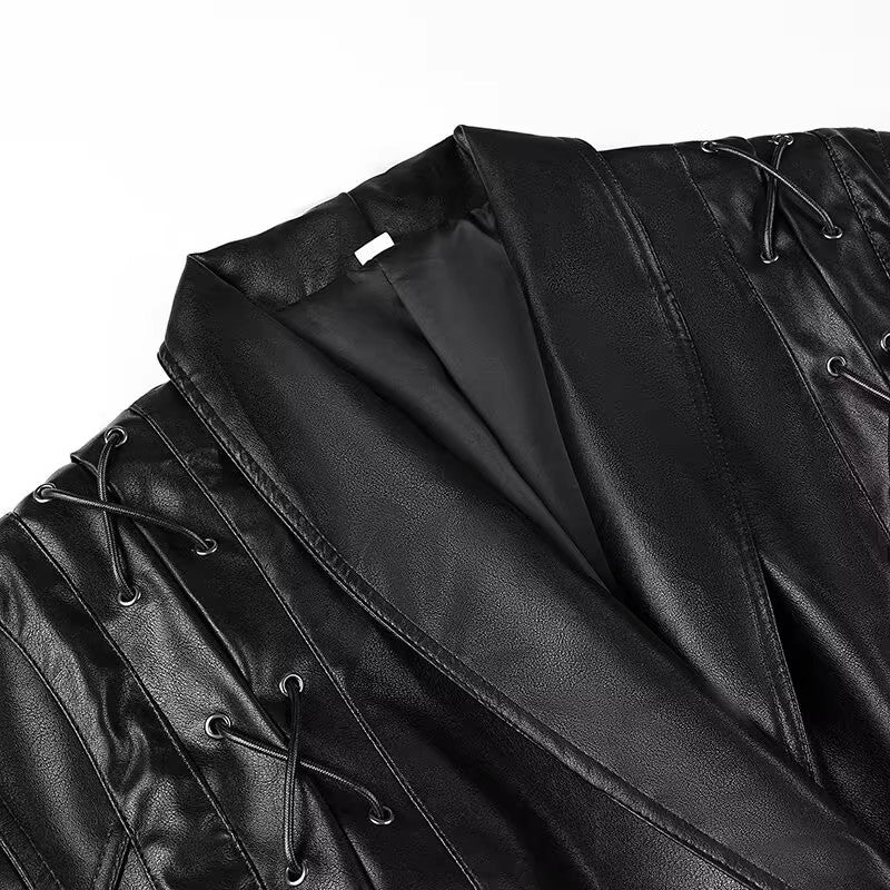 Damen Kunstlederjacke mit edlem Bindegürtel und raffinierten Schnürdetails EB