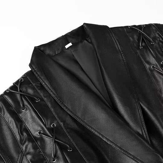 Damen Kunstlederjacke mit edlem Bindegürtel und raffinierten Schnürdetails EB