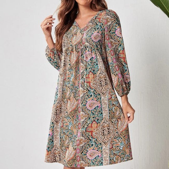 Damen Freizeitkleid mit tiefem V-Ausschnitt und langen Ärmeln EB
