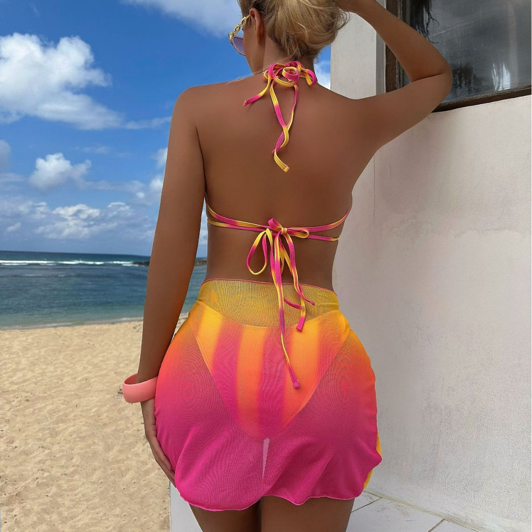 Damen Trendiges Zwei-in-Eins-Bikini-Set mit modischem Wickelrock EB