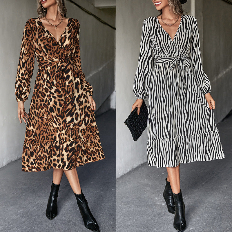 Damen Wickelkleid im modischen Leopardenmuster mit elastischem Taillengürtel EB