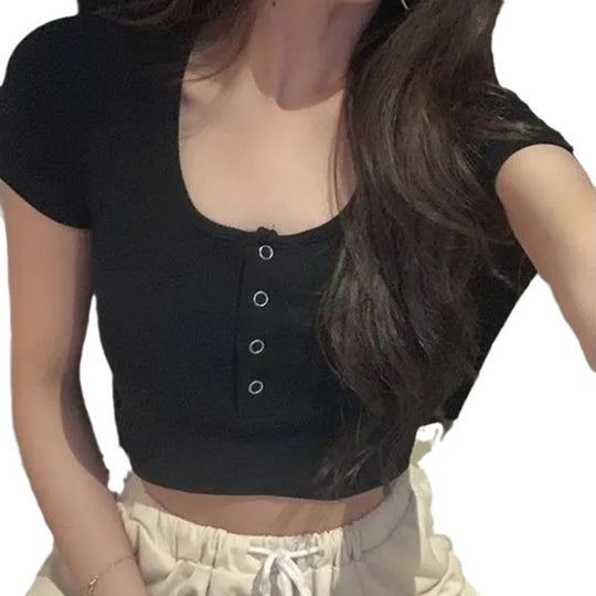 Damen Crop-Top-T-Shirt mit Knopfleiste und elastischem Bund EB