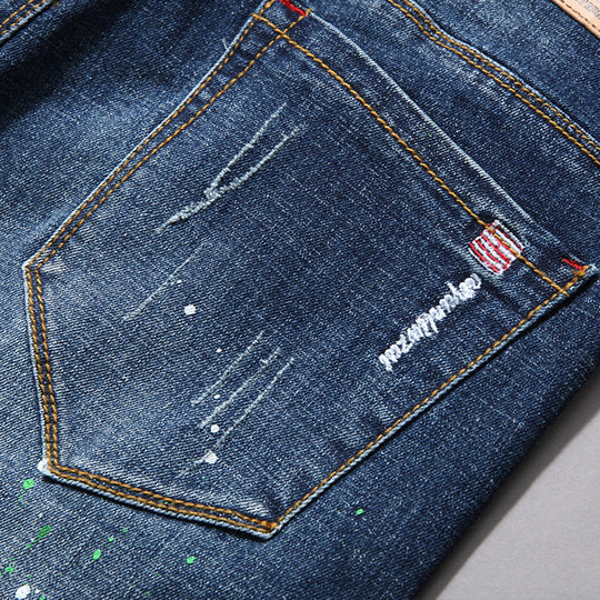 Herren modische Jeans mit kreativen Farbklecksen und Rissdesign EB