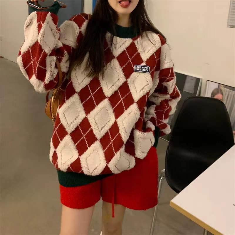 Damen Flauschiger Pullover mit modernem Rhombenmuster und lässigem Schnitt EB