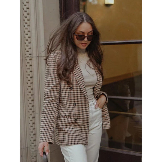 Damen kariertes Blazerjacke mit doppelter Knopfreihe und idealem Schnitt EB