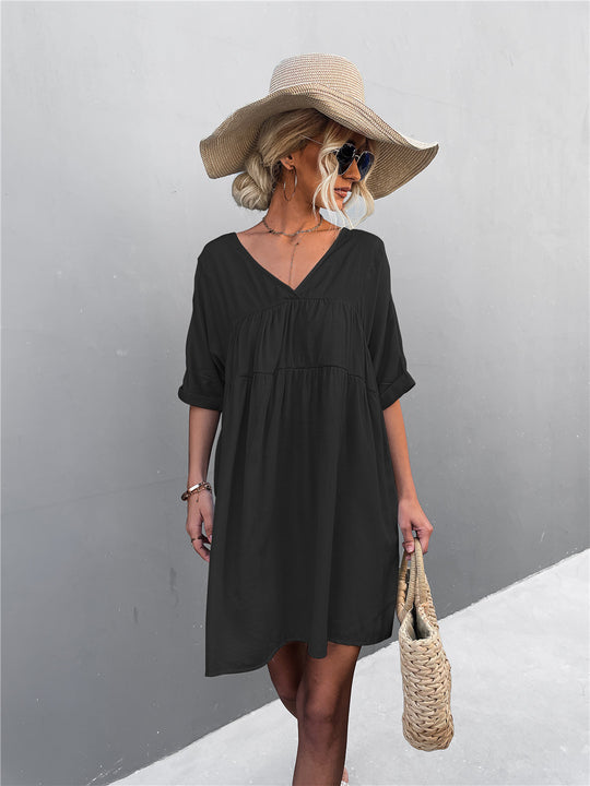 Damen lässiges V-Ausschnitt Sommerkleid mit taillierter Passform und leichtem Stoff EB