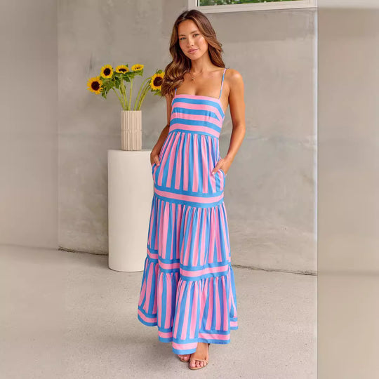 Damen Maxikleid mit schmalen Trägern und gestreiftem Design EB