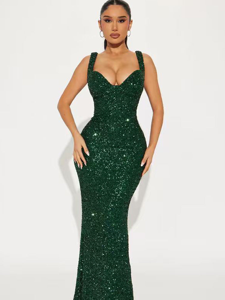 Damen Glamouröses Pailletten Abendkleid mit tiefem Ausschnitt EB