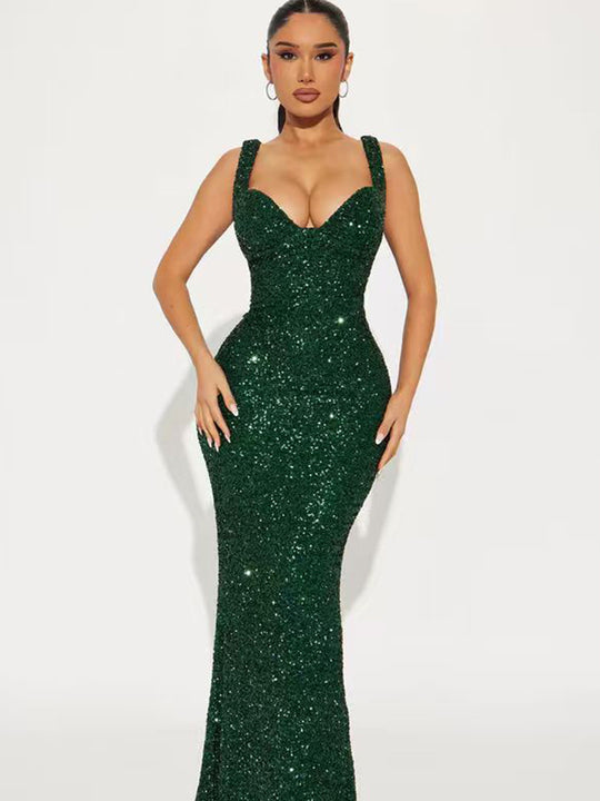 Damen Glamouröses Pailletten Abendkleid mit tiefem Ausschnitt EB