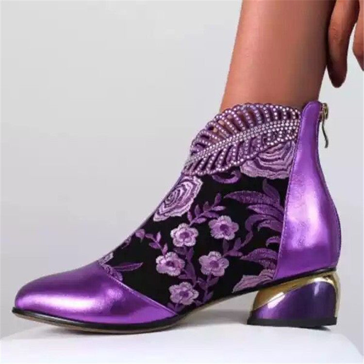 Damen nan bestickte Ankle-Boots mit Samteinsatz Perlenbesatz und skulptiertem Blockabsatz EB