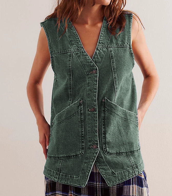 Damen Denim-Latzjacke mit praktischen Taschen und modischem V-Ausschnitt EB