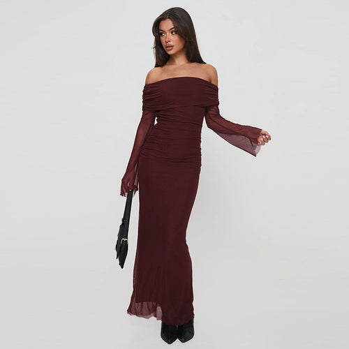 Damen figurbetontes Maxikleid mit schulterfreiem Design und Rüschendetails EB
