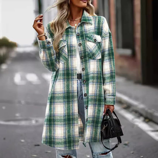 Damen Langarmhemdjacke im Karomuster mit großen Taschen EB