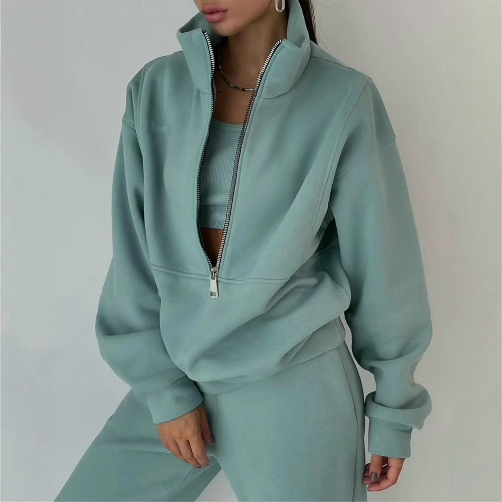 Damen Lässiger Oversized-Hoodie und Jogginghose Set mit Praktischem Reißverschluss EB