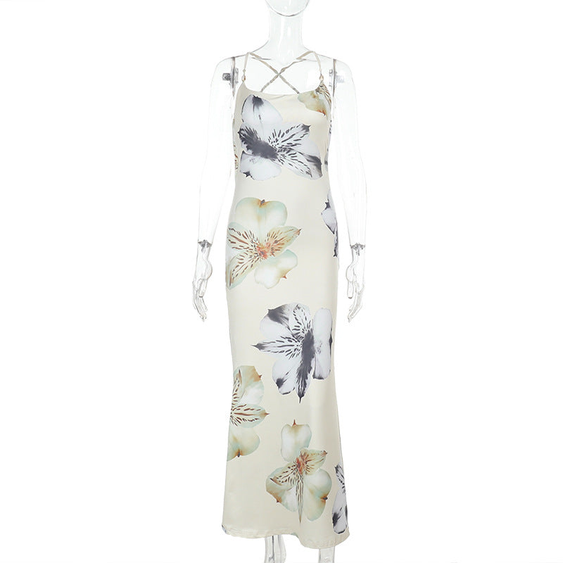Damen elegantes Maxikleid mit floralem Muster und verstellbaren Spaghetti-Trägern EB